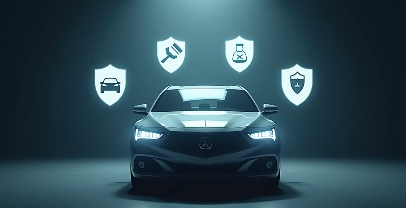 Representación visual de un escudo protegiendo un coche con iconos de coberturas alrededor